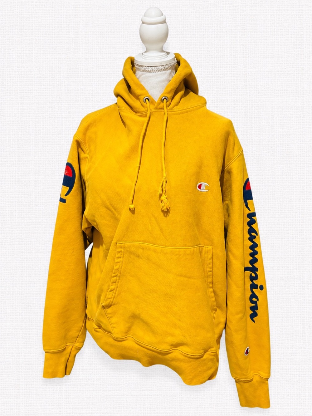 Champion Reverse Weave Mustard Yellow Spellout Sleeve Hoodie Size M